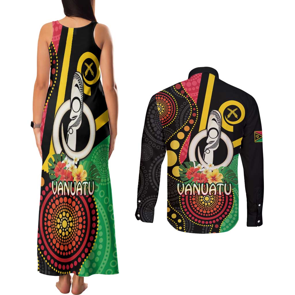 Tamtam Drum Vanuatu Couples Matching Tank Maxi Dress and Long Sleeve Button Shirt Boar Tusk Aboriginal Flag Style LT14 - Polynesian Pride