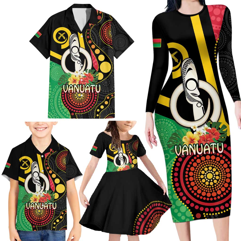 Tamtam Drum Vanuatu Family Matching Long Sleeve Bodycon Dress and Hawaiian Shirt Boar Tusk Aboriginal Flag Style LT14 - Polynesian Pride