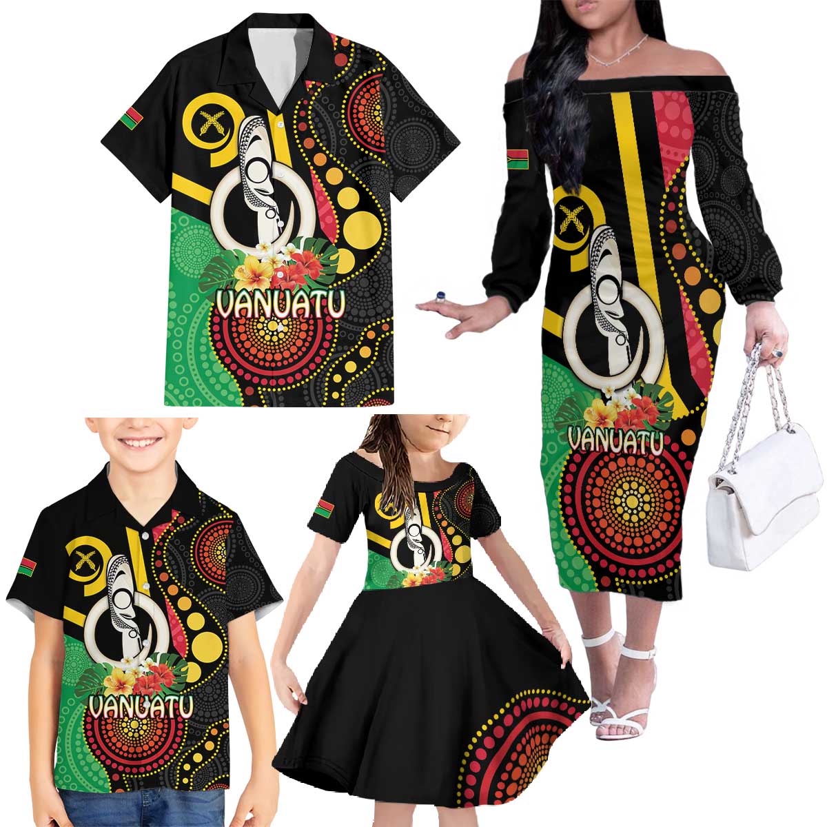 Tamtam Drum Vanuatu Family Matching Off The Shoulder Long Sleeve Dress and Hawaiian Shirt Boar Tusk Aboriginal Flag Style LT14 - Polynesian Pride
