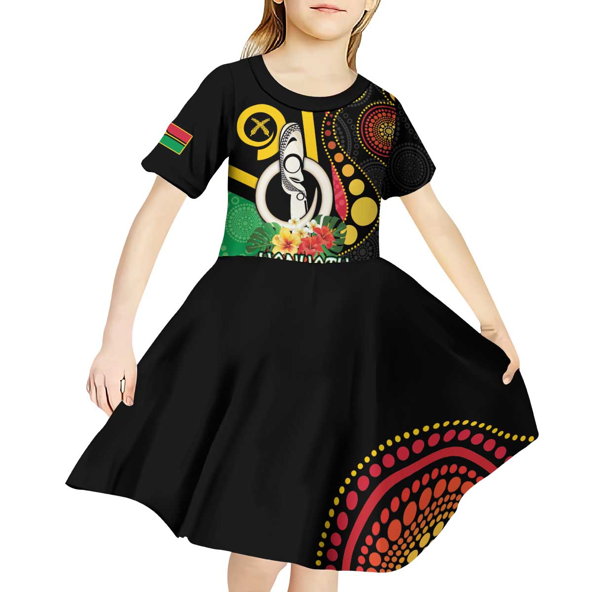 Tamtam Drum Vanuatu Kid Short Sleeve Dress Boar Tusk Aboriginal Flag Style