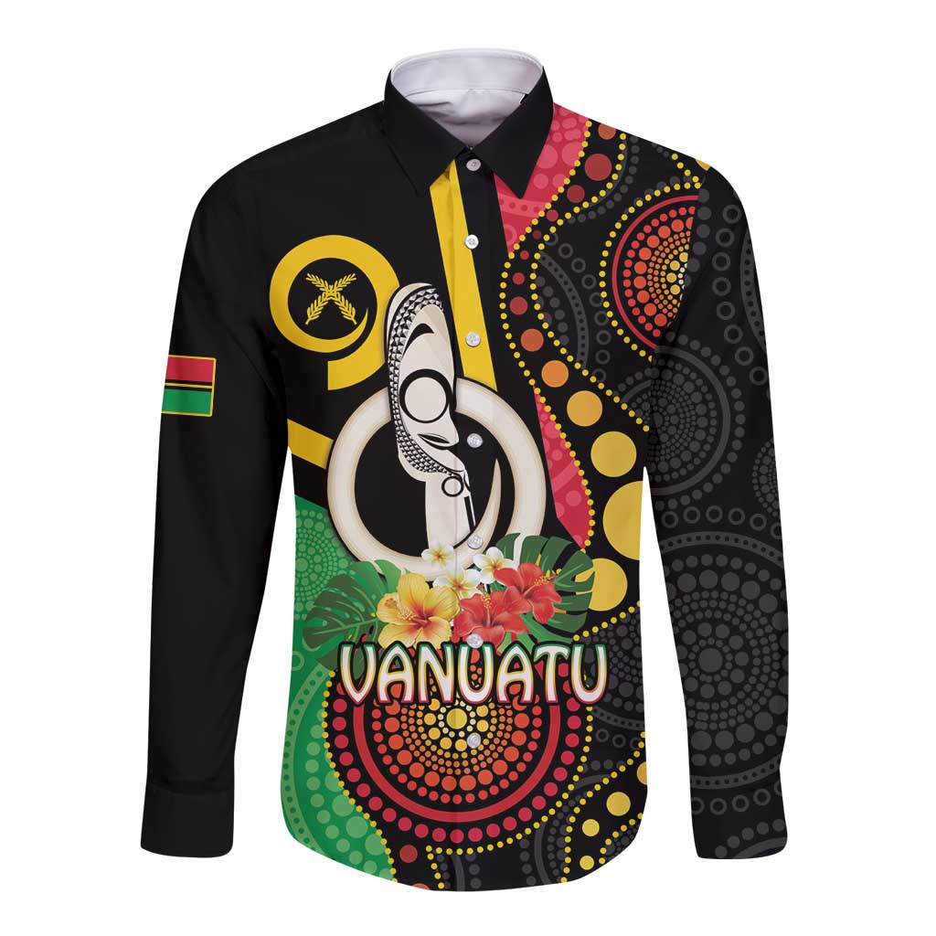 Tamtam Drum Vanuatu Long Sleeve Button Shirt Boar Tusk Aboriginal Flag Style LT14 Unisex Black - Polynesian Pride
