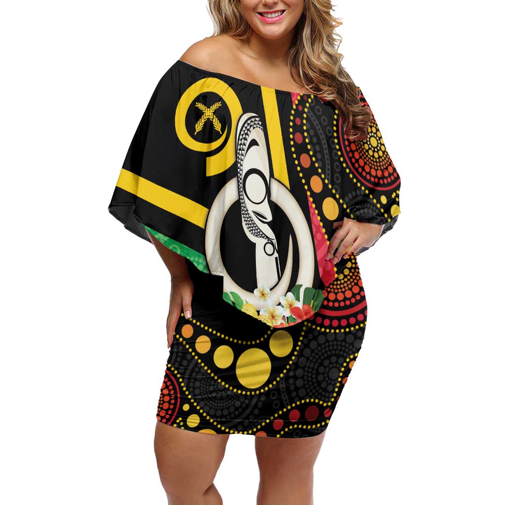 Tamtam Drum Vanuatu Off Shoulder Short Dress Boar Tusk Aboriginal Flag Style