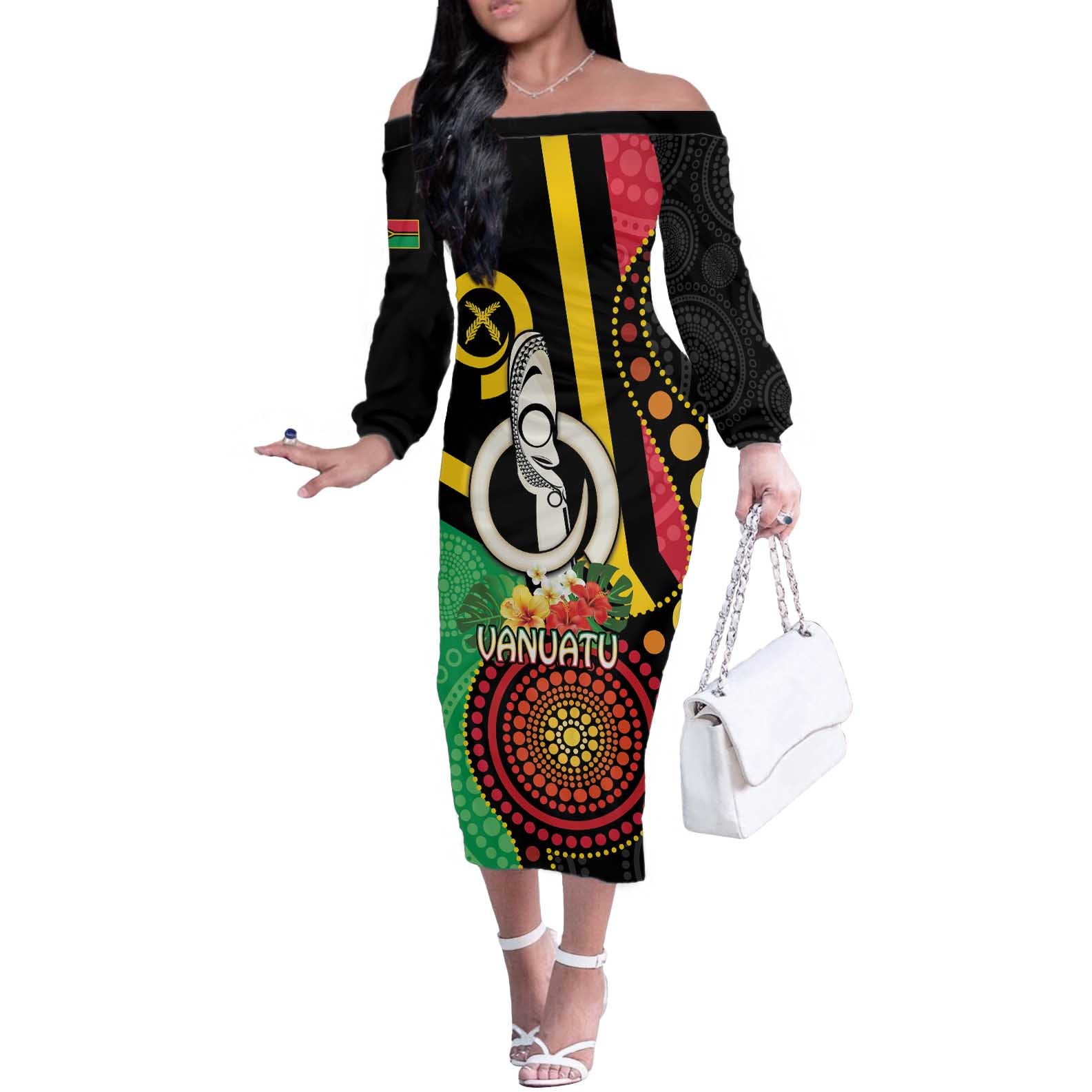 Tamtam Drum Vanuatu Off The Shoulder Long Sleeve Dress Boar Tusk Aboriginal Flag Style