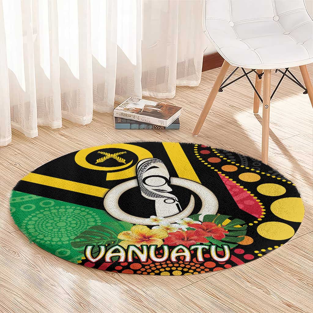 Tamtam Drum Vanuatu Round Carpet Boar Tusk Aboriginal Flag Style