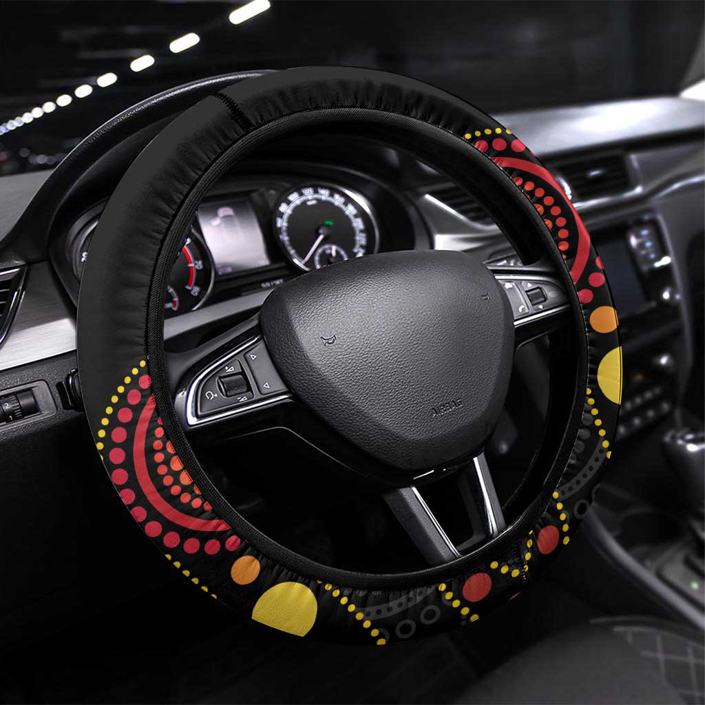 Tamtam Drum Vanuatu Steering Wheel Cover Boar Tusk Aboriginal Flag Style LT14 Universal Fit Black - Polynesian Pride