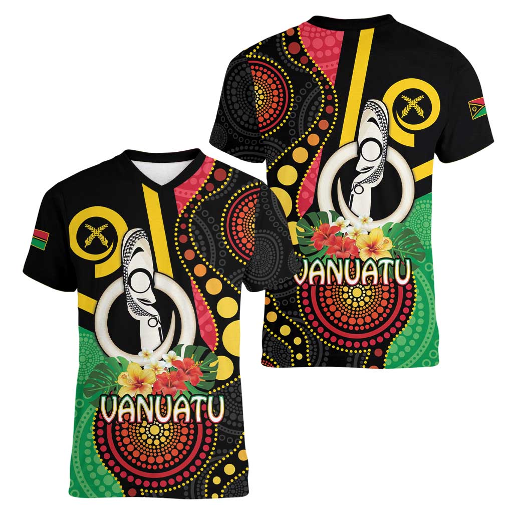 Tamtam Drum Vanuatu Women V-Neck T-Shirt Boar Tusk Aboriginal Flag Style