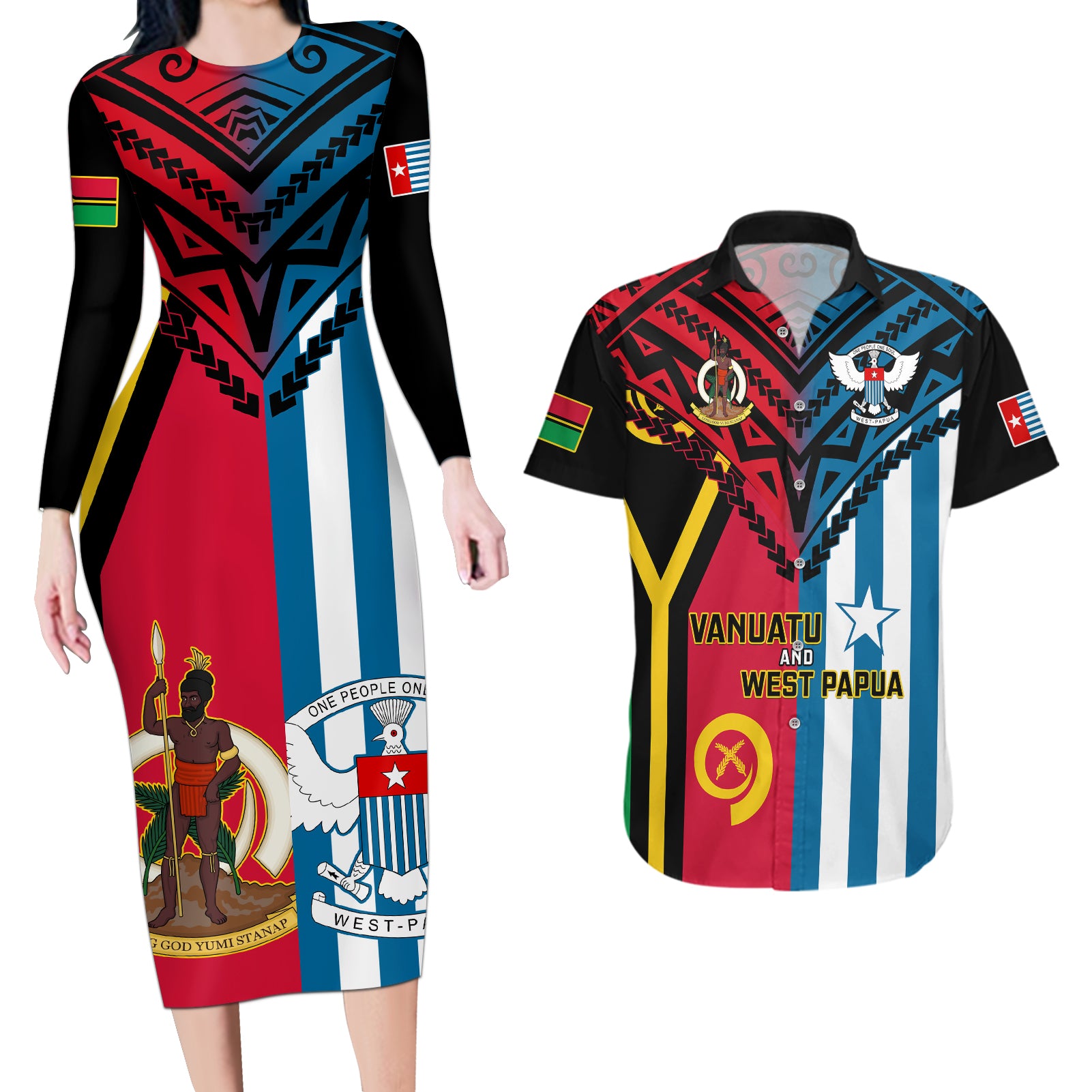 Vanuatu And West Papua Couples Matching Long Sleeve Bodycon Dress and Hawaiian Shirt Coat Of Arms Mix Flag Style LT14 Black - Polynesian Pride