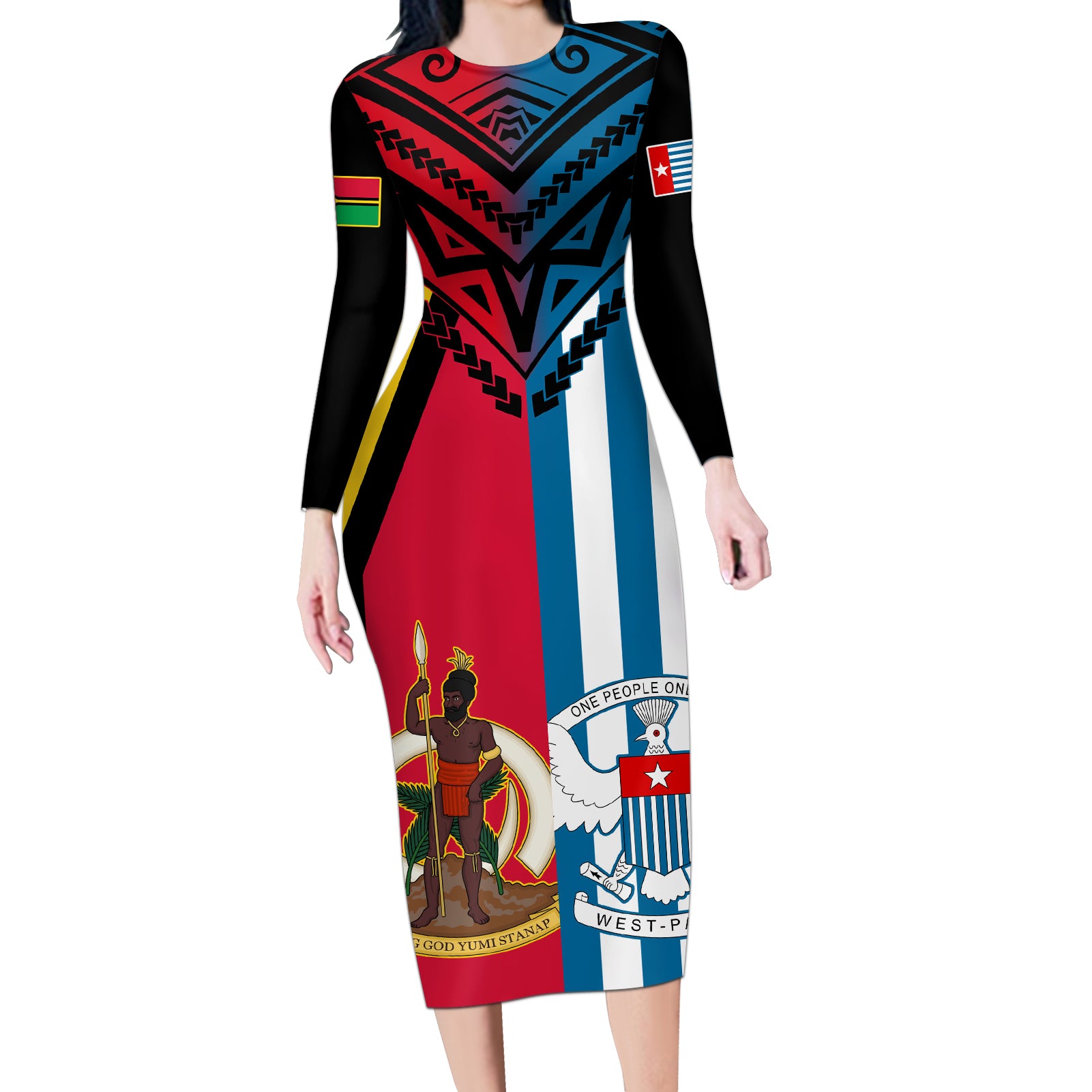 Vanuatu And West Papua Long Sleeve Bodycon Dress Coat Of Arms Mix Flag Style LT14 Long Dress Black - Polynesian Pride