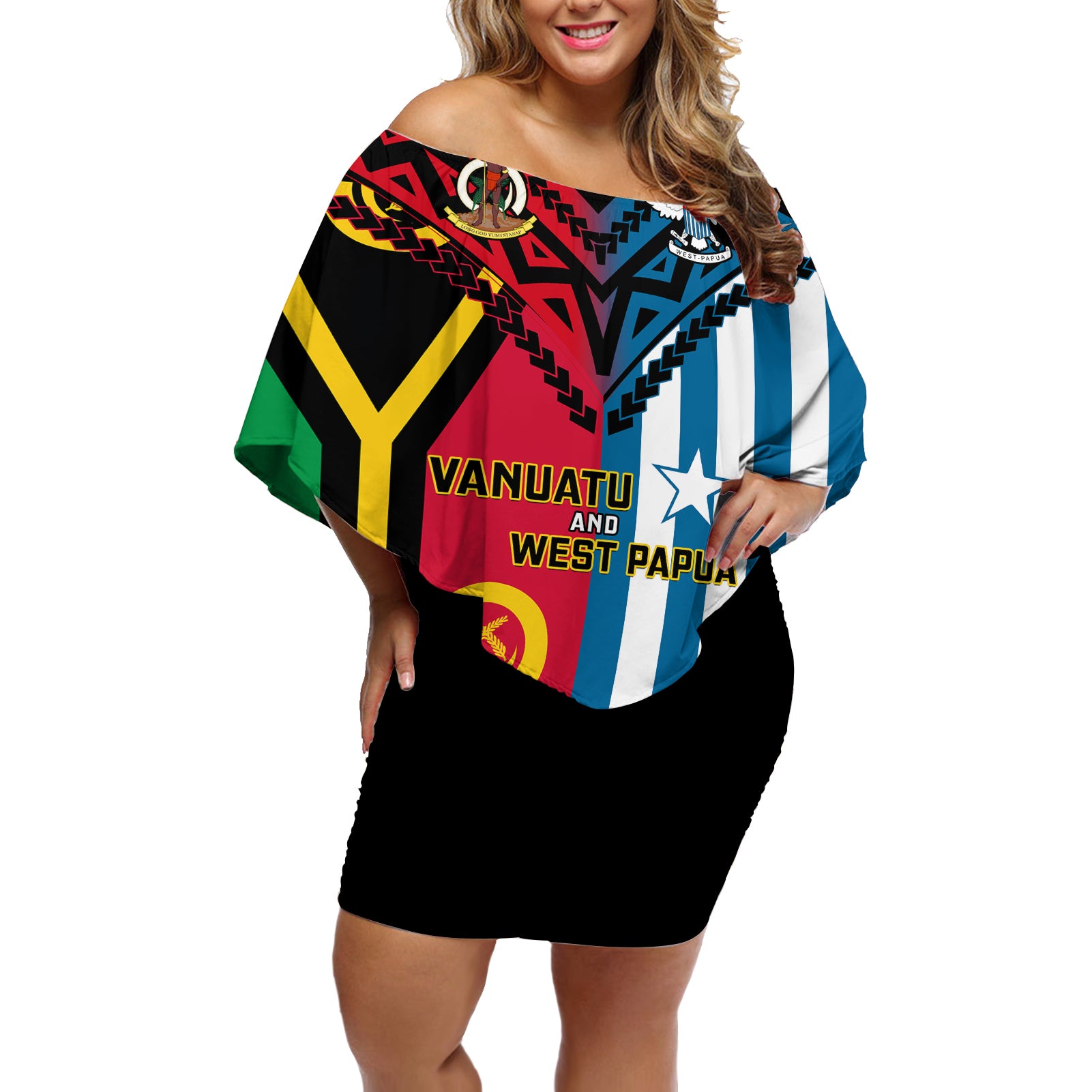 Vanuatu And West Papua Off Shoulder Short Dress Coat Of Arms Mix Flag Style LT14 Women Black - Polynesian Pride