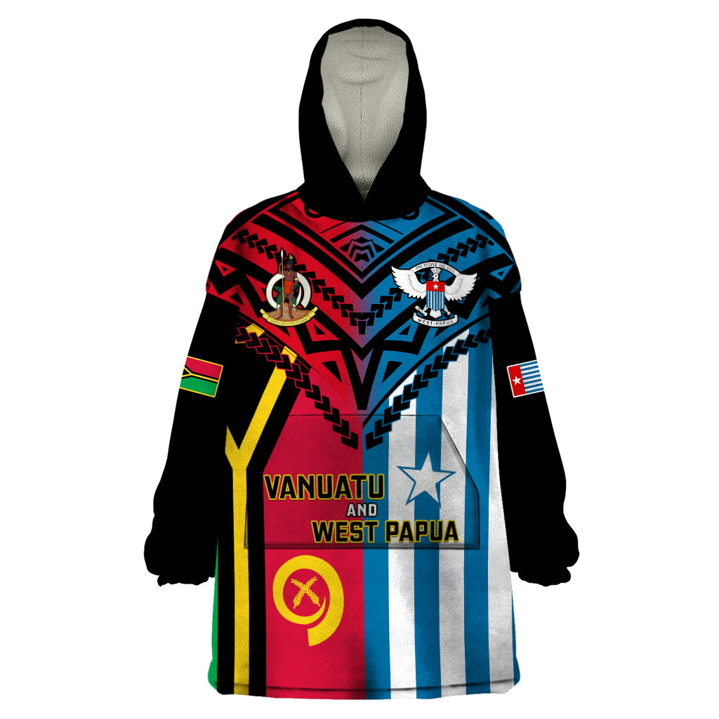 Vanuatu And West Papua Wearable Blanket Hoodie Coat Of Arms Mix Flag Style LT14 One Size Black - Polynesian Pride