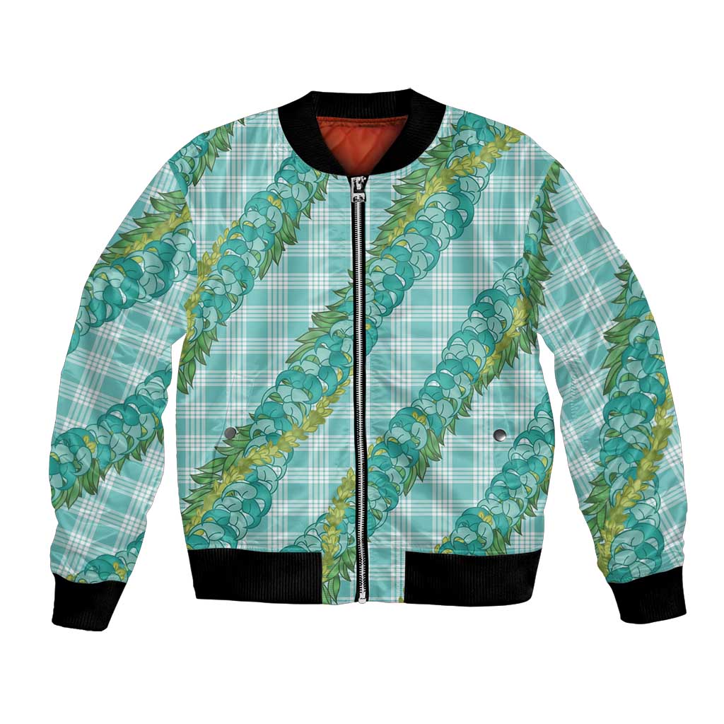 Hawaii Jade Vine Lei Bomber Jacket Aloha Palaka Motif - Turquoise - Polynesian Pride