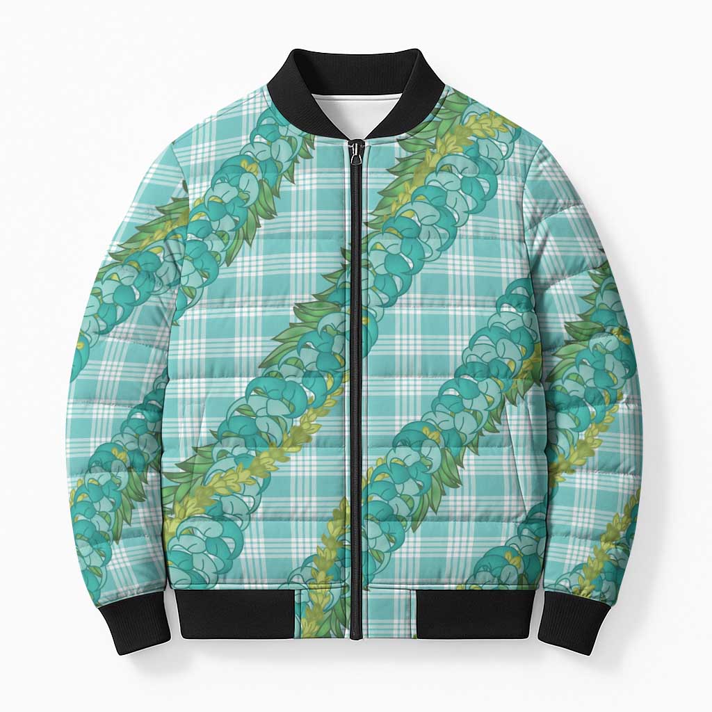 Hawaii Jade Vine Lei Bomber Puffer Jacket Aloha Palaka Motif - Turquoise - Polynesian Pride