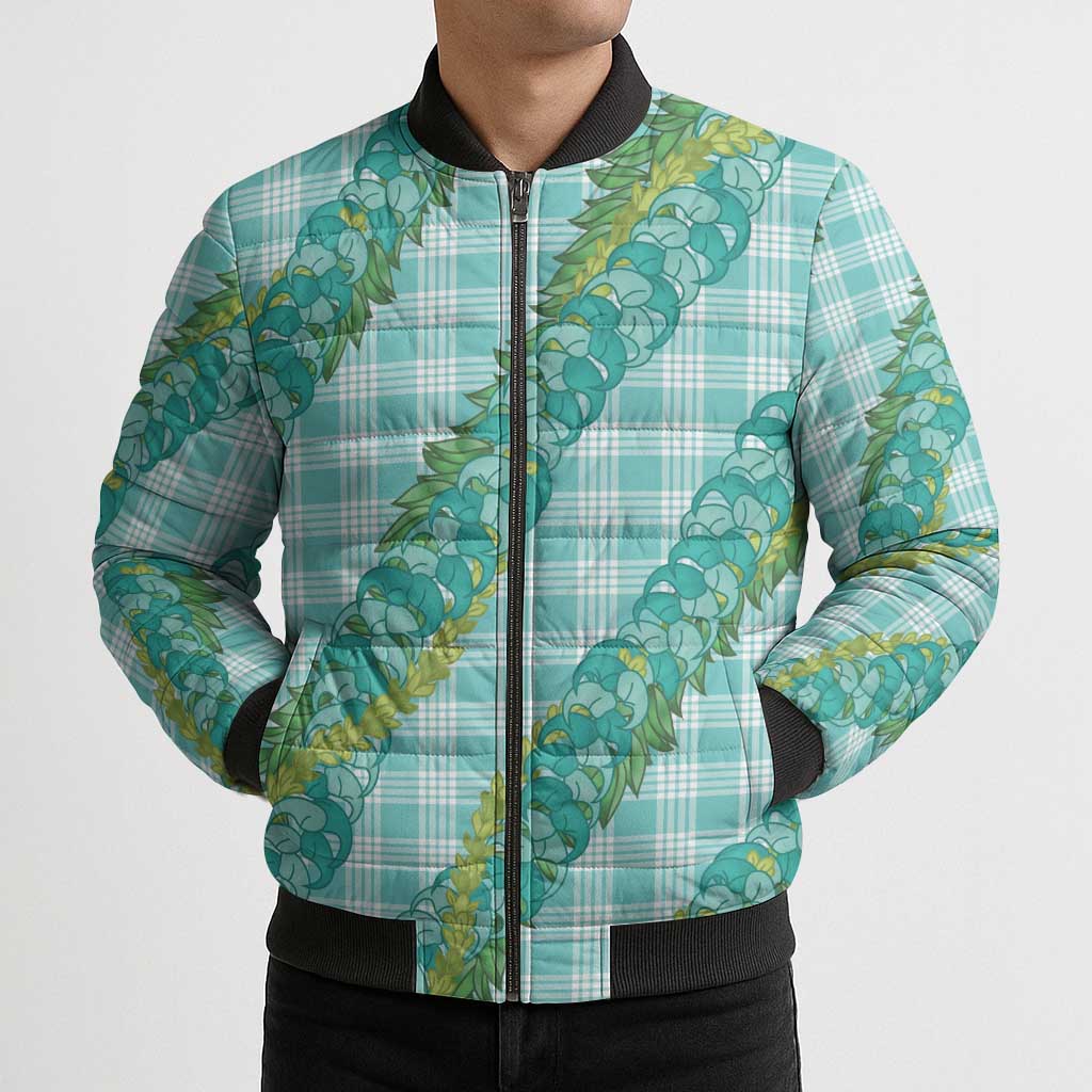 Hawaii Jade Vine Lei Bomber Puffer Jacket Aloha Palaka Motif - Turquoise - Polynesian Pride