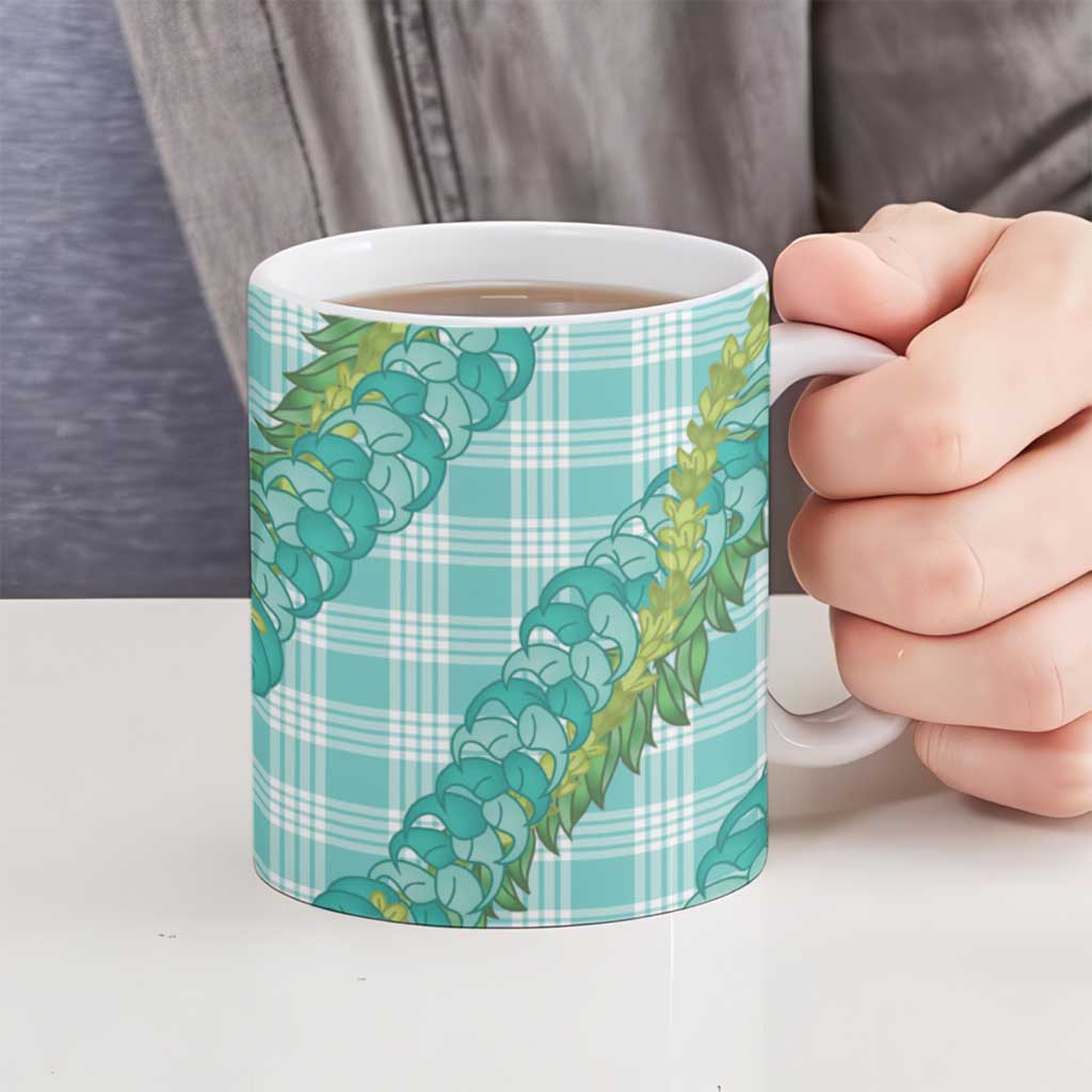 Hawaii Jade Vine Lei Ceramic Mug Aloha Palaka Motif - Turquoise - Polynesian Pride