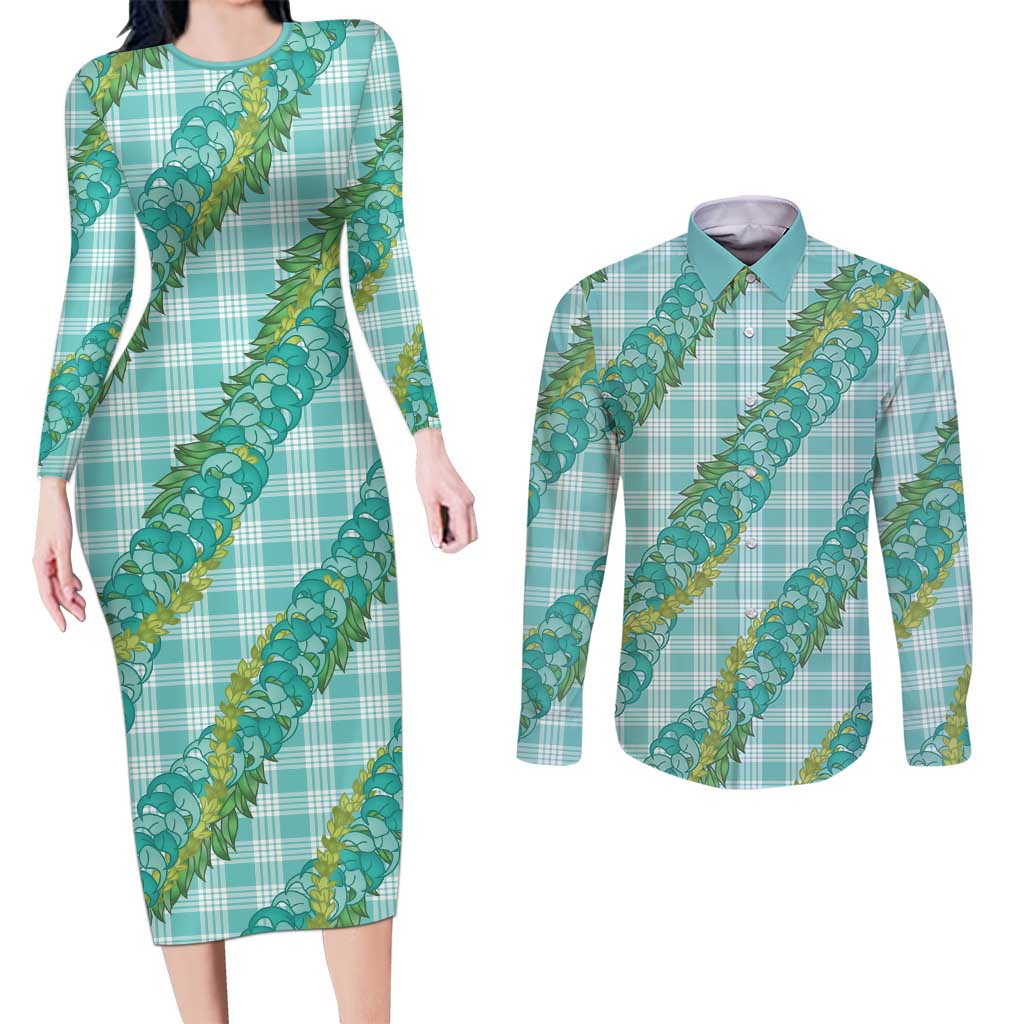 Hawaii Jade Vine Lei Couples Matching Long Sleeve Bodycon Dress and Long Sleeve Button Shirt Aloha Palaka Motif - Turquoise - Polynesian Pride