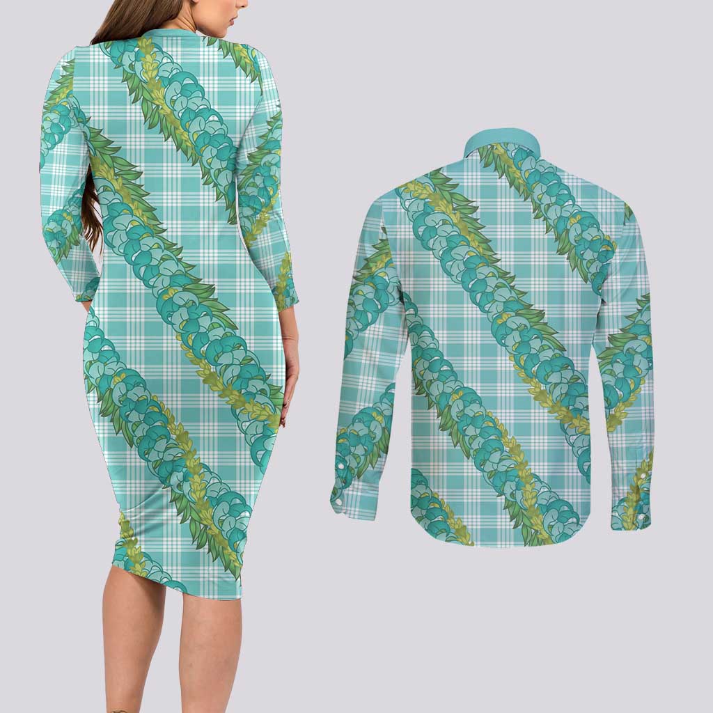Hawaii Jade Vine Lei Couples Matching Long Sleeve Bodycon Dress and Long Sleeve Button Shirt Aloha Palaka Motif - Turquoise - Polynesian Pride