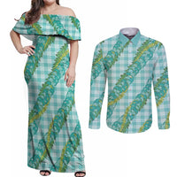 Hawaii Jade Vine Lei Couples Matching Off Shoulder Maxi Dress and Long Sleeve Button Shirt Aloha Palaka Motif - Turquoise - Polynesian Pride