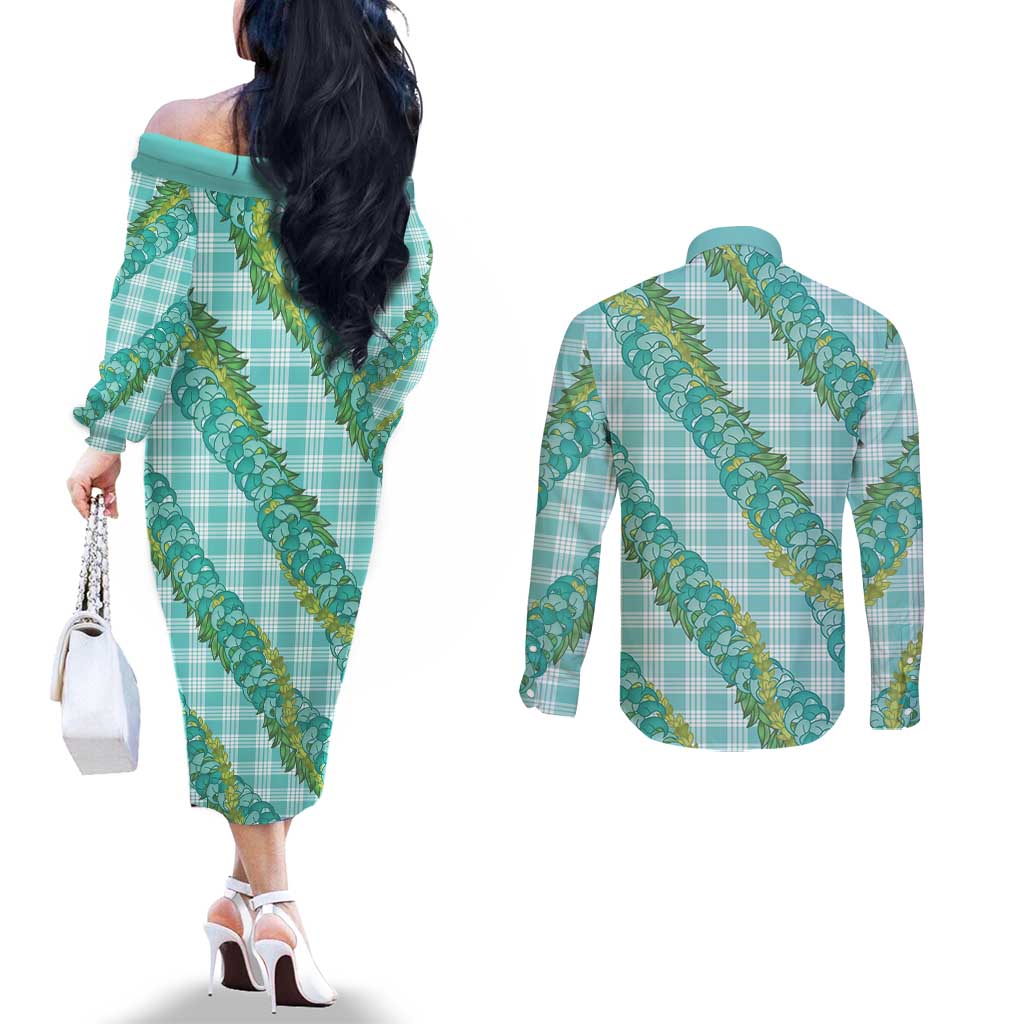 Hawaii Jade Vine Lei Couples Matching Off The Shoulder Long Sleeve Dress and Long Sleeve Button Shirt Aloha Palaka Motif - Turquoise - Polynesian Pride