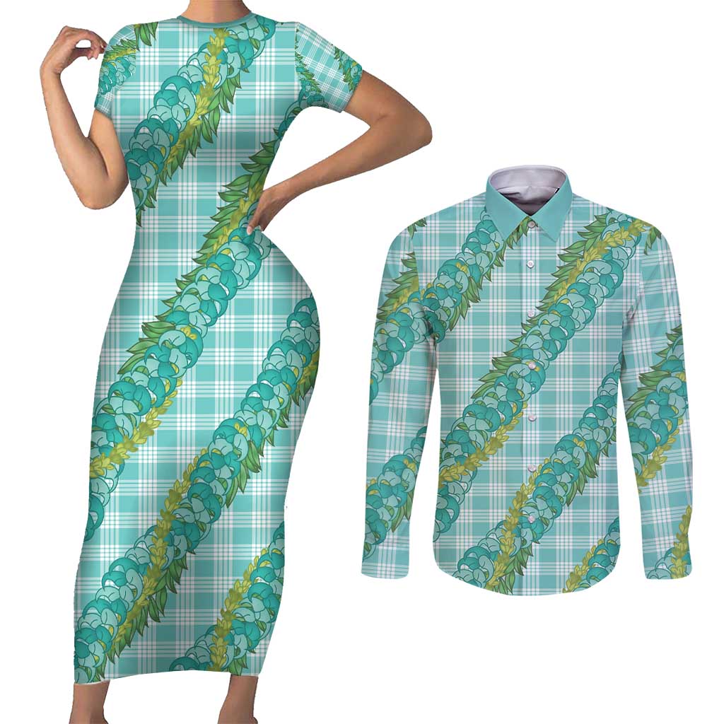 Hawaii Jade Vine Lei Couples Matching Short Sleeve Bodycon Dress and Long Sleeve Button Shirt Aloha Palaka Motif - Turquoise - Polynesian Pride