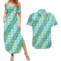 Hawaii Jade Vine Lei Couples Matching Summer Maxi Dress and Hawaiian Shirt Aloha Palaka Motif - Turquoise - Polynesian Pride