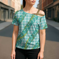 Hawaii Jade Vine Lei Cross Shoulder Shirt Aloha Palaka Motif - Turquoise LT14 - Polynesian Pride