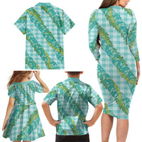 Hawaii Jade Vine Lei Family Matching Long Sleeve Bodycon Dress and Hawaiian Shirt Aloha Palaka Motif - Turquoise - Polynesian Pride