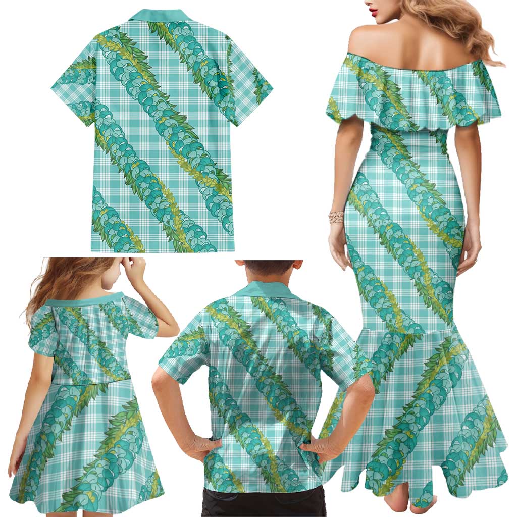Hawaii Jade Vine Lei Family Matching Mermaid Dress and Hawaiian Shirt Aloha Palaka Motif - Turquoise - Polynesian Pride