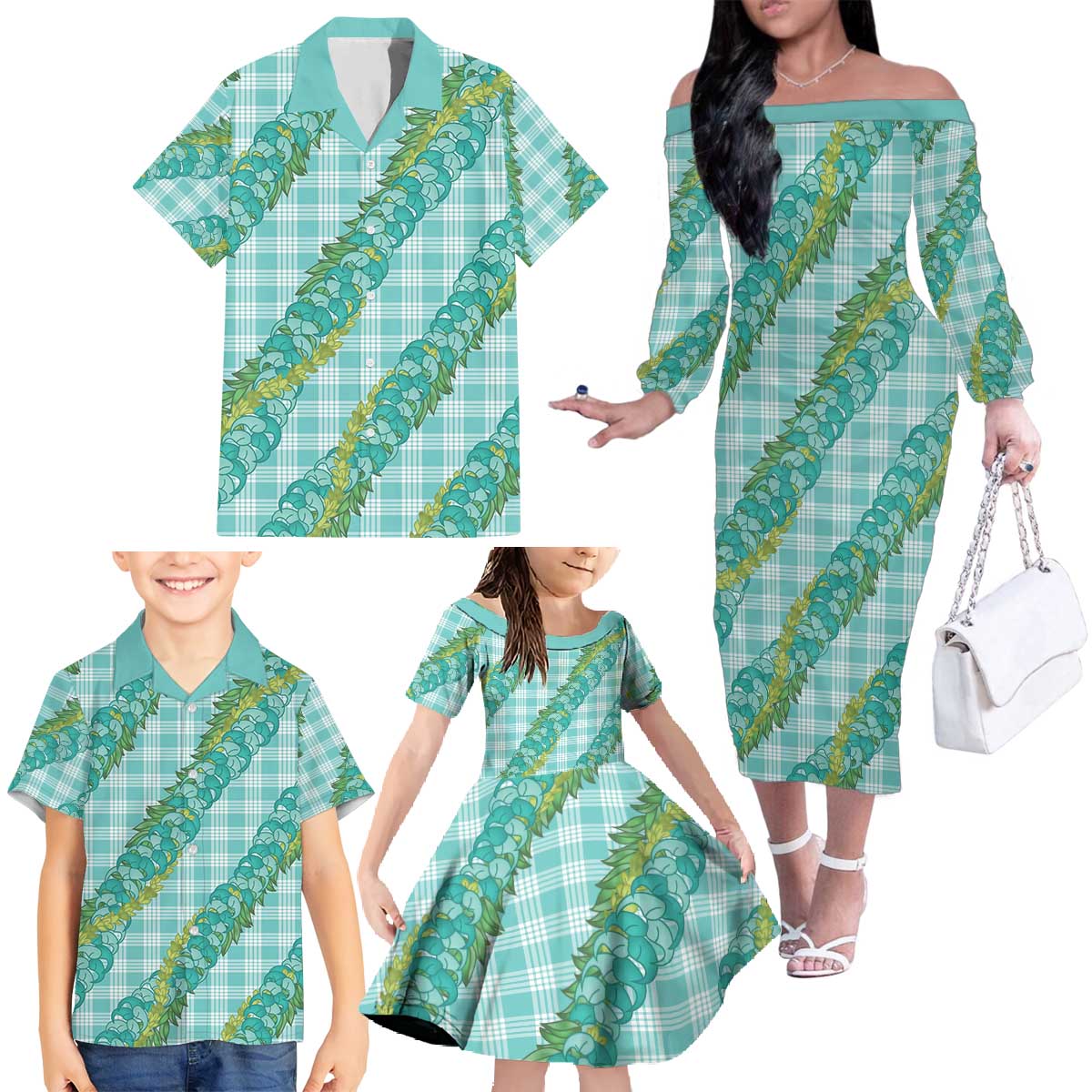 Hawaii Jade Vine Lei Family Matching Off The Shoulder Long Sleeve Dress and Hawaiian Shirt Aloha Palaka Motif - Turquoise - Polynesian Pride