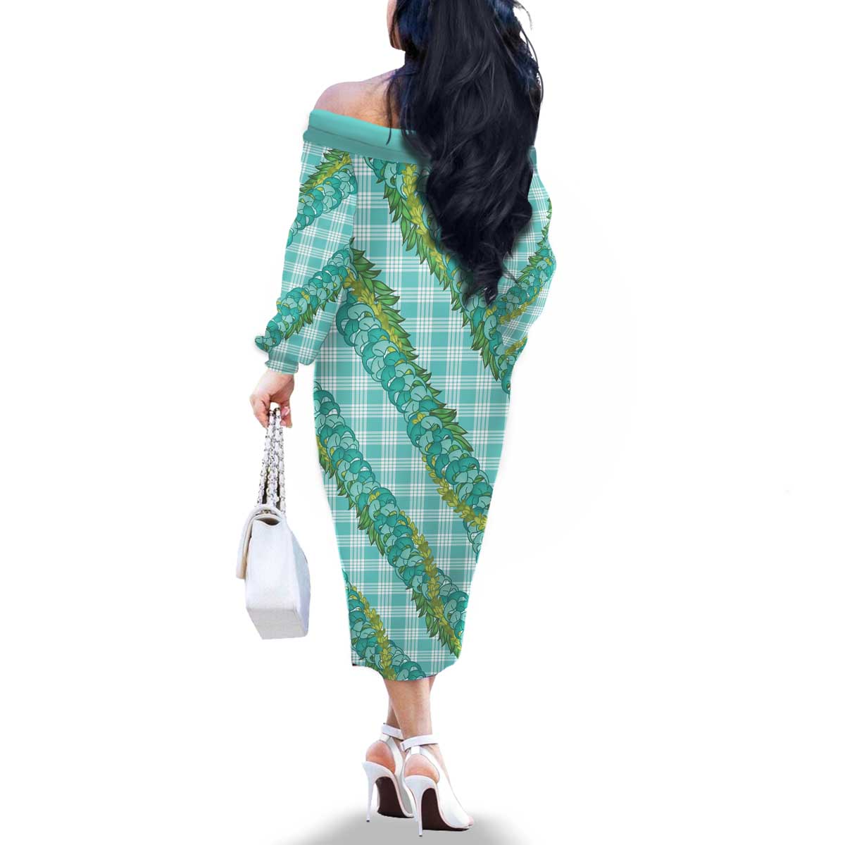 Hawaii Jade Vine Lei Family Matching Off The Shoulder Long Sleeve Dress and Hawaiian Shirt Aloha Palaka Motif - Turquoise - Polynesian Pride