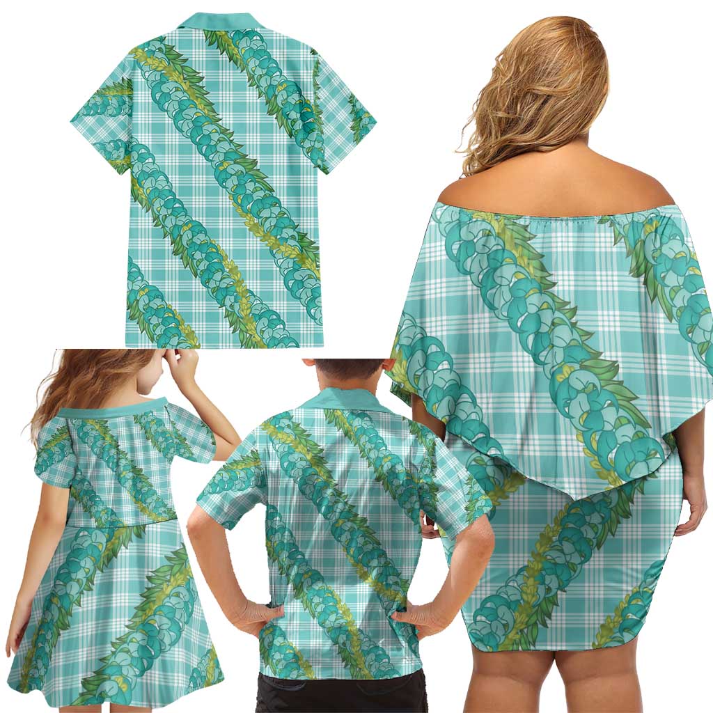 Hawaii Jade Vine Lei Family Matching Off Shoulder Short Dress and Hawaiian Shirt Aloha Palaka Motif - Turquoise - Polynesian Pride