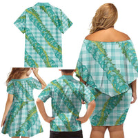 Hawaii Jade Vine Lei Family Matching Off Shoulder Short Dress and Hawaiian Shirt Aloha Palaka Motif - Turquoise - Polynesian Pride