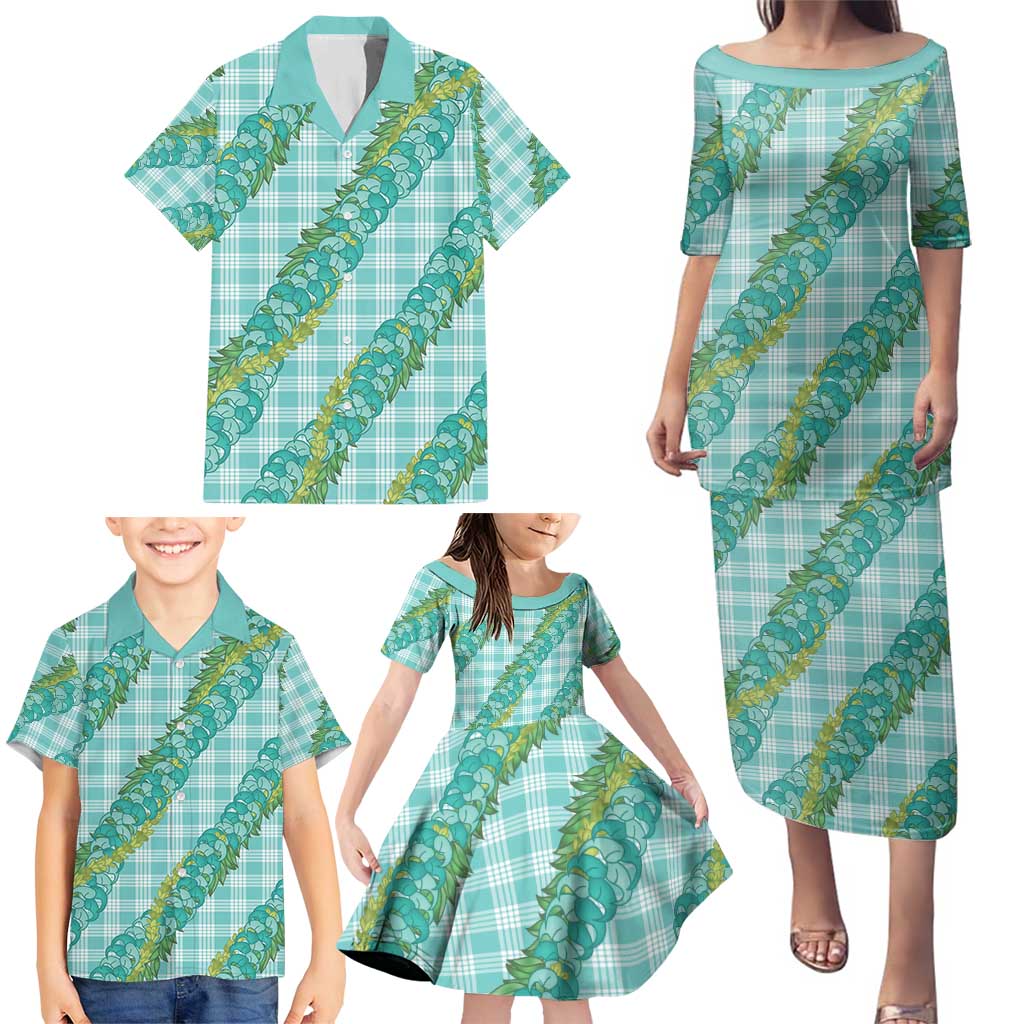 Hawaii Jade Vine Lei Family Matching Puletasi and Hawaiian Shirt Aloha Palaka Motif - Turquoise - Polynesian Pride