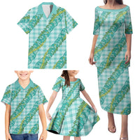 Hawaii Jade Vine Lei Family Matching Puletasi and Hawaiian Shirt Aloha Palaka Motif - Turquoise - Polynesian Pride