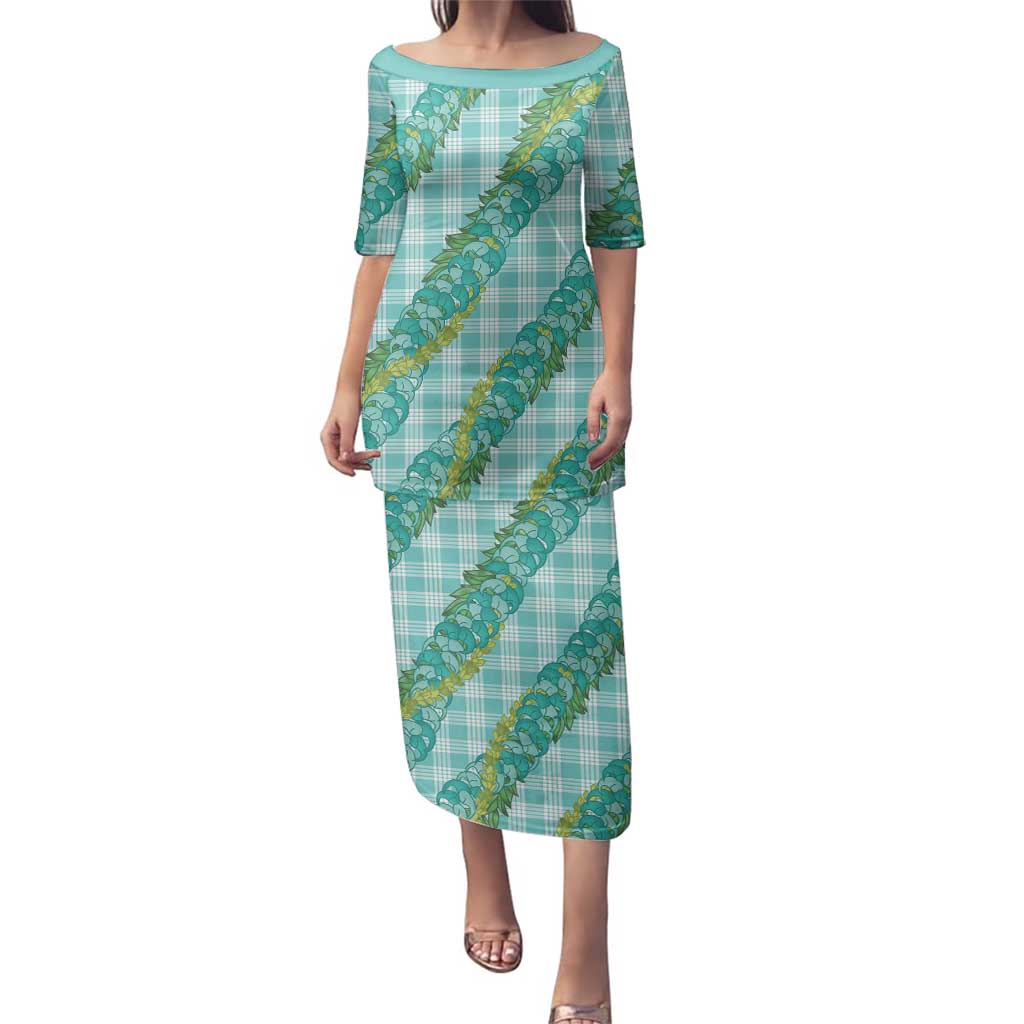 Hawaii Jade Vine Lei Family Matching Puletasi and Hawaiian Shirt Aloha Palaka Motif - Turquoise - Polynesian Pride