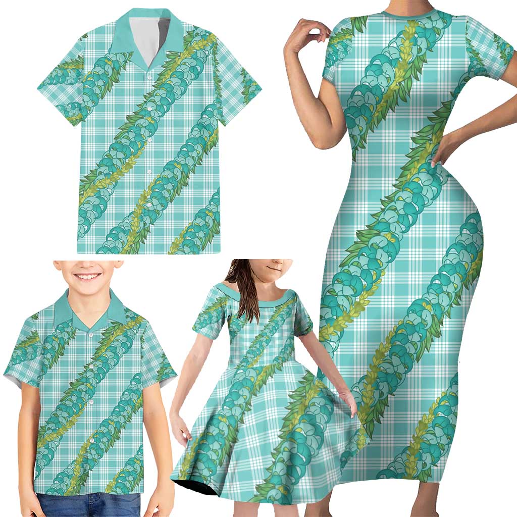Hawaii Jade Vine Lei Family Matching Short Sleeve Bodycon Dress and Hawaiian Shirt Aloha Palaka Motif - Turquoise - Polynesian Pride