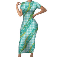 Hawaii Jade Vine Lei Family Matching Short Sleeve Bodycon Dress and Hawaiian Shirt Aloha Palaka Motif - Turquoise - Polynesian Pride