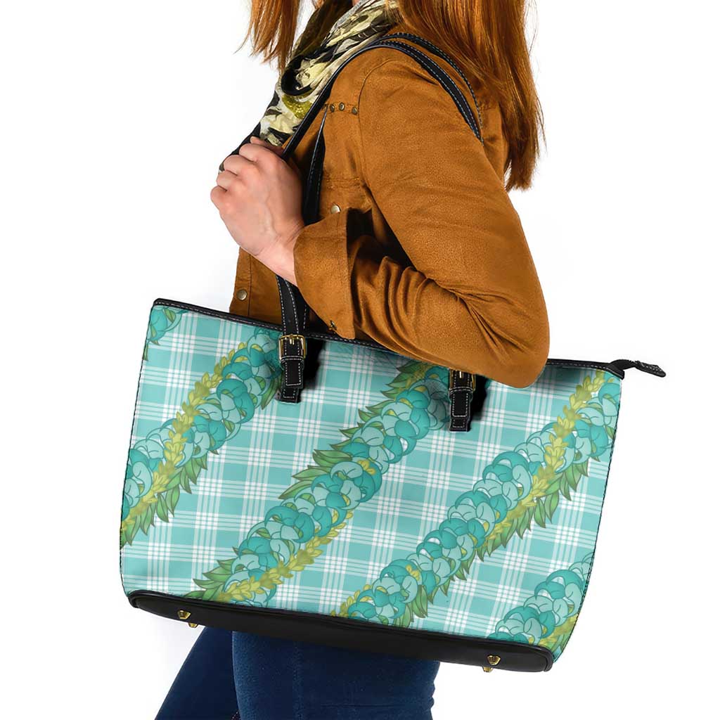 Hawaii Jade Vine Lei Leather Tote Bag Aloha Palaka Motif - Turquoise - Polynesian Pride