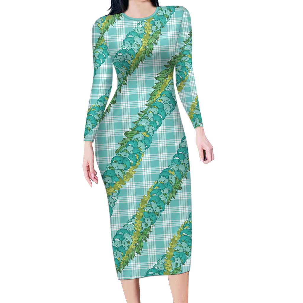 Hawaii Jade Vine Lei Long Sleeve Bodycon Dress Aloha Palaka Motif - Turquoise - Polynesian Pride