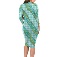 Hawaii Jade Vine Lei Long Sleeve Bodycon Dress Aloha Palaka Motif - Turquoise - Polynesian Pride
