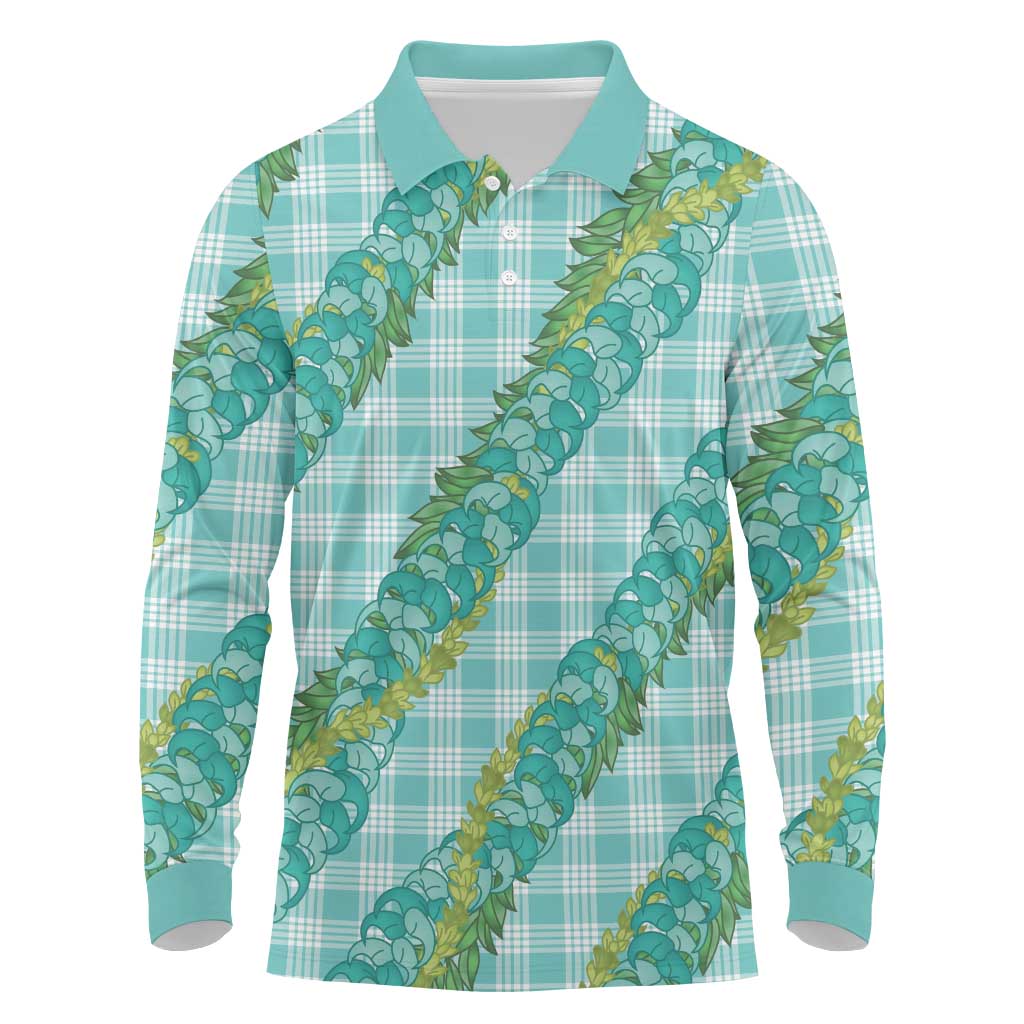Hawaii Jade Vine Lei Long Sleeve Polo Shirt Aloha Palaka Motif - Turquoise - Polynesian Pride