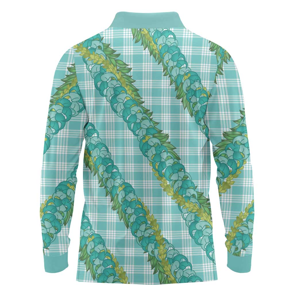 Hawaii Jade Vine Lei Long Sleeve Polo Shirt Aloha Palaka Motif - Turquoise - Polynesian Pride