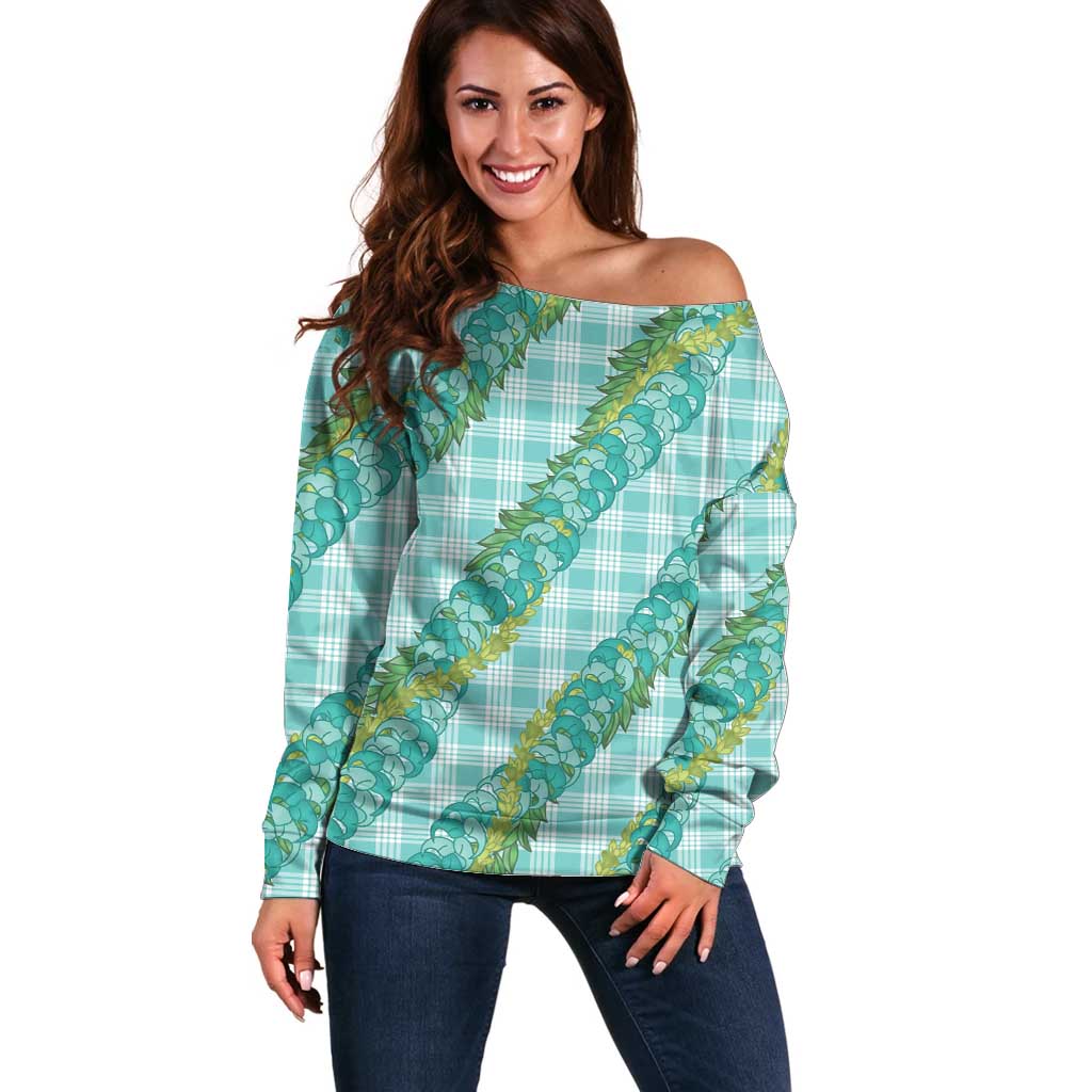 Hawaii Jade Vine Lei Off Shoulder Sweater Aloha Palaka Motif - Turquoise - Polynesian Pride