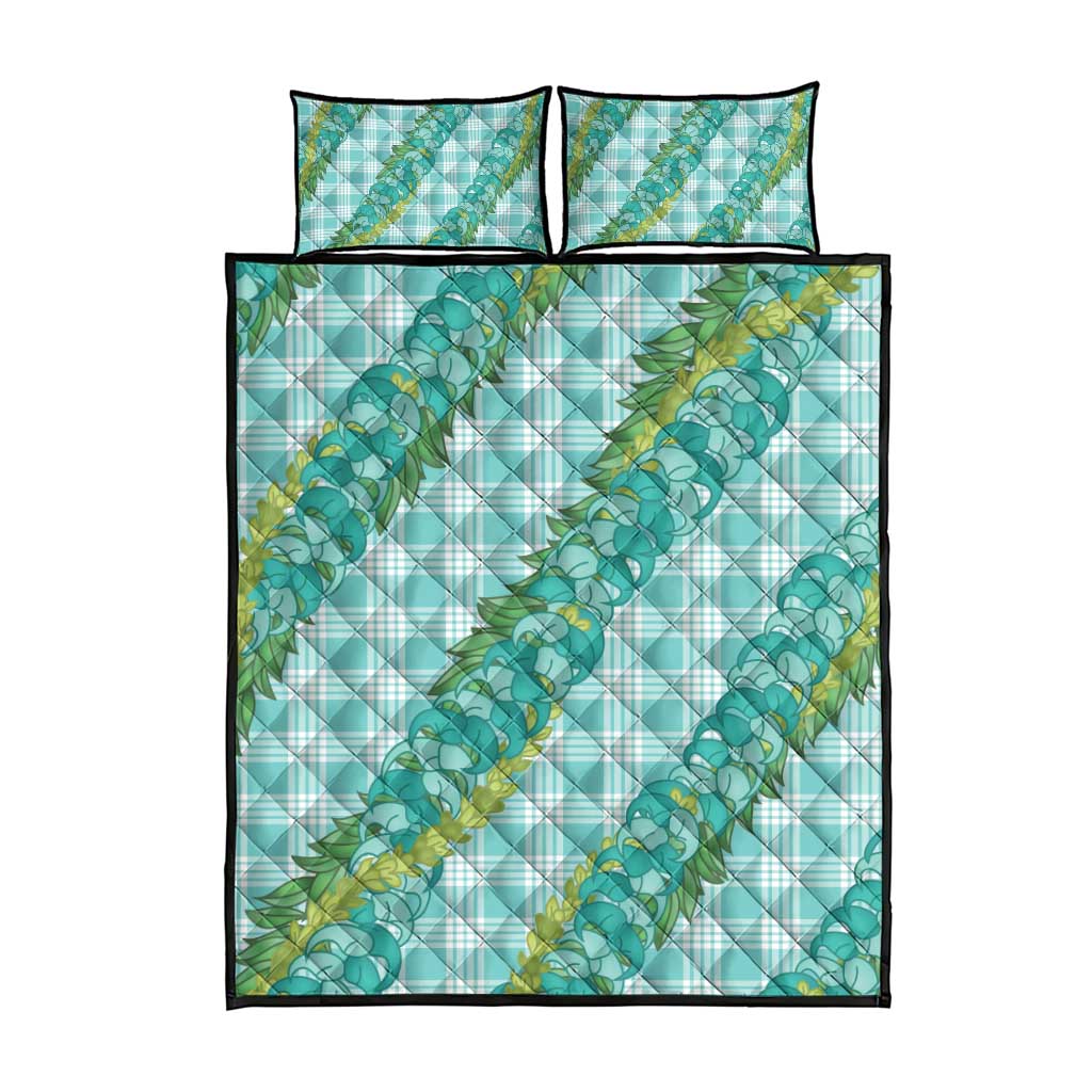 Hawaii Jade Vine Lei Quilt Bed Set Aloha Palaka Motif - Turquoise - Polynesian Pride