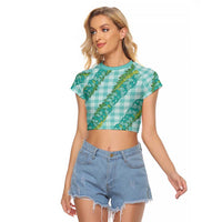 Hawaii Jade Vine Lei Raglan Cropped T Shirt Aloha Palaka Motif - Turquoise - Polynesian Pride