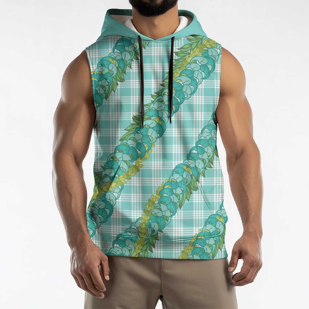 Hawaii Jade Vine Lei Sleeveless Hoodie Aloha Palaka Motif - Turquoise LT14 - Polynesian Pride
