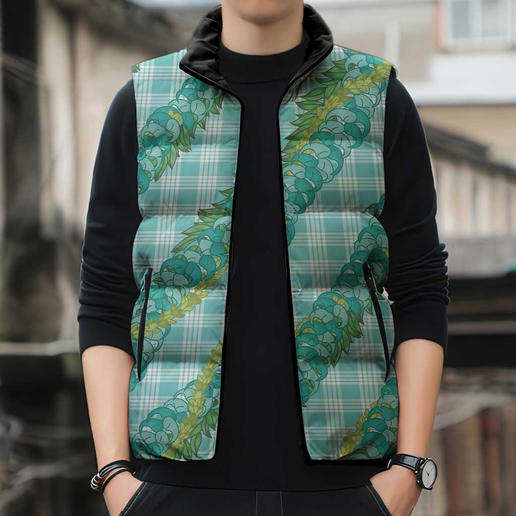 Hawaii Jade Vine Lei Sleeveless Puffer Jacket Aloha Palaka Motif - Turquoise LT14 - Polynesian Pride
