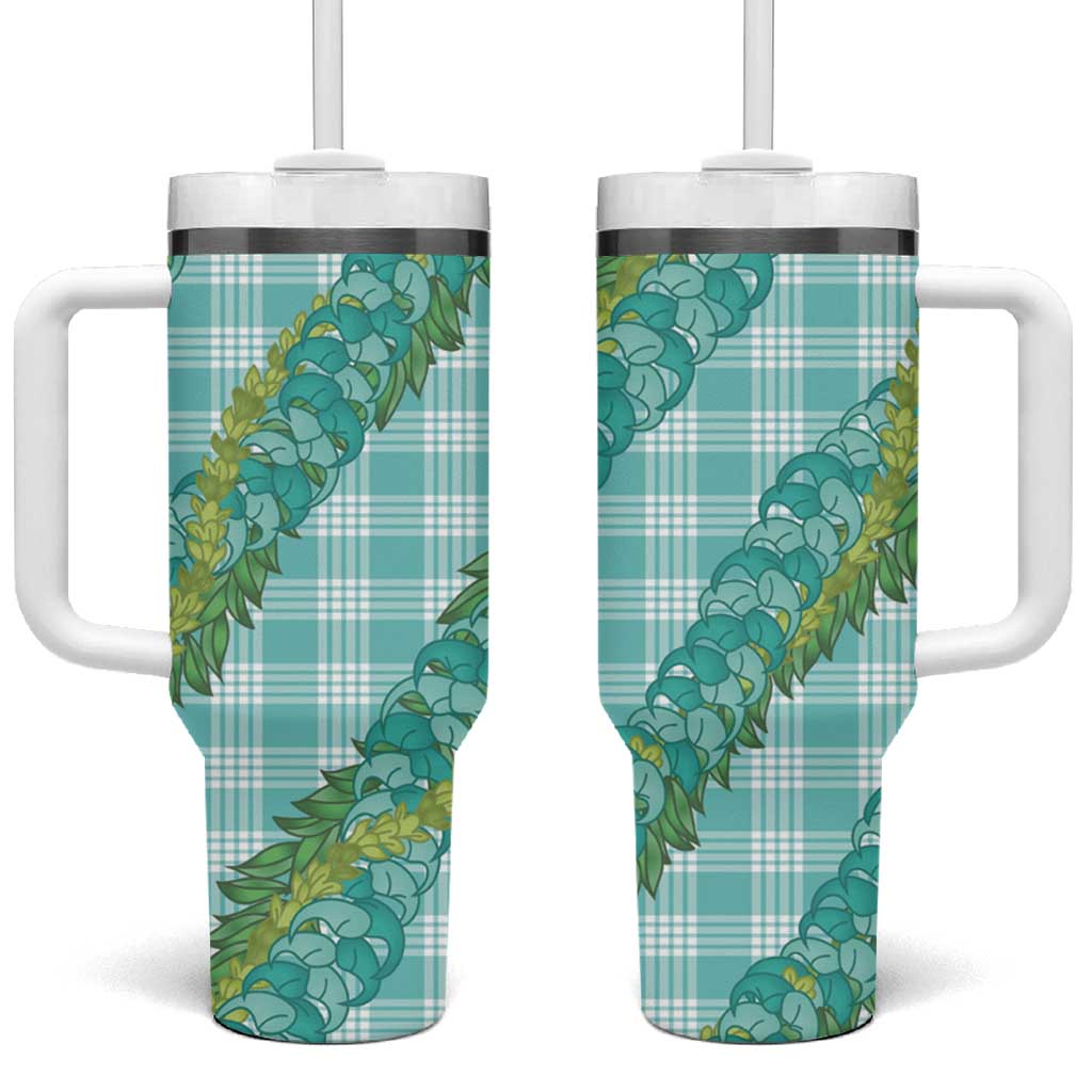 Hawaii Jade Vine Lei Tumbler With Handle Aloha Palaka Motif - Turquoise - Polynesian Pride