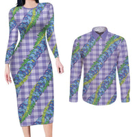 Hawaii Jade Vine Lei Couples Matching Long Sleeve Bodycon Dress and Long Sleeve Button Shirt Aloha Palaka Motif - Purple - Polynesian Pride