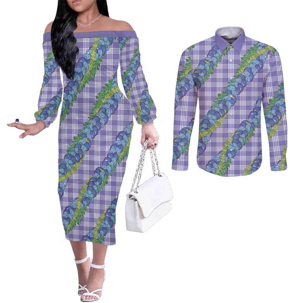 Hawaii Jade Vine Lei Couples Matching Off The Shoulder Long Sleeve Dress and Long Sleeve Button Shirt Aloha Palaka Motif - Purple - Polynesian Pride