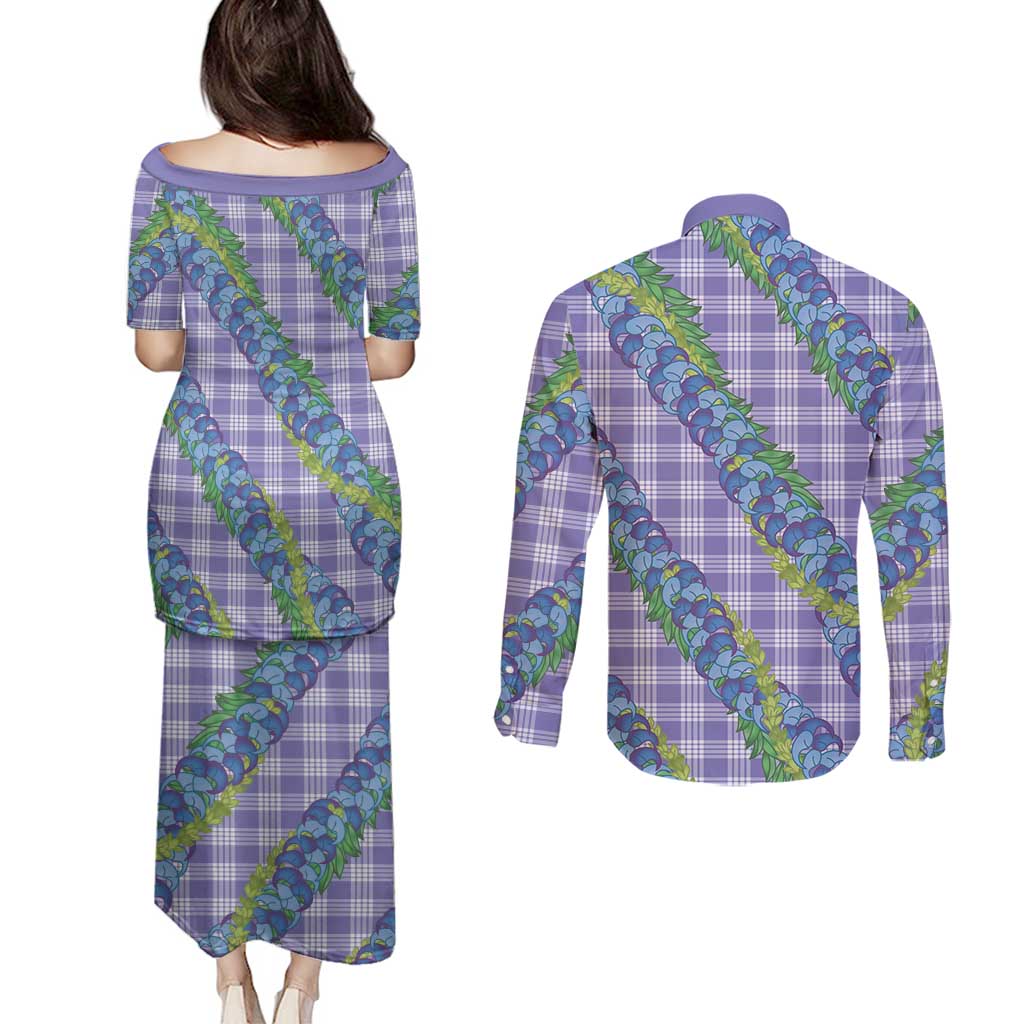 Hawaii Jade Vine Lei Couples Matching Puletasi and Long Sleeve Button Shirt Aloha Palaka Motif - Purple LT14 - Polynesian Pride